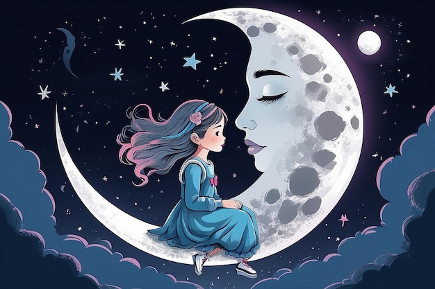 une fille romantique sur la lune une fille rêveuse illustration vectorielle conception graphique