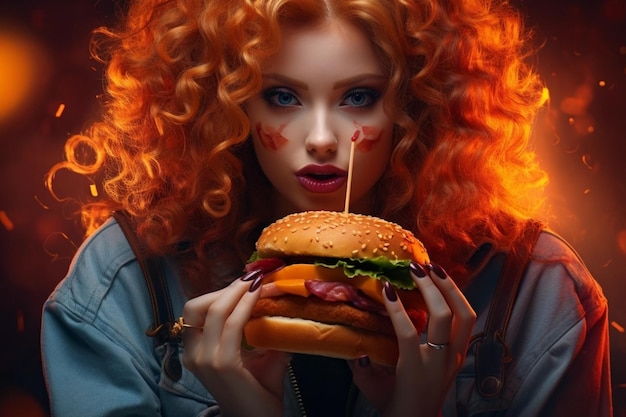 fille rousse avec des boucles tient un hamburger avec une côtelette dans ses mains