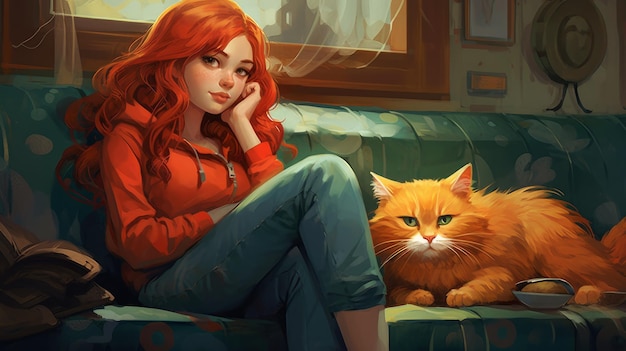 fille rousse jouant avec un chat