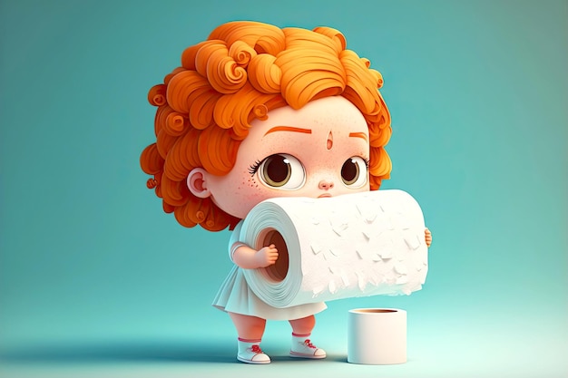 Fille rousse tenant des rails de personnage de dessin animé mignon de papier toilette