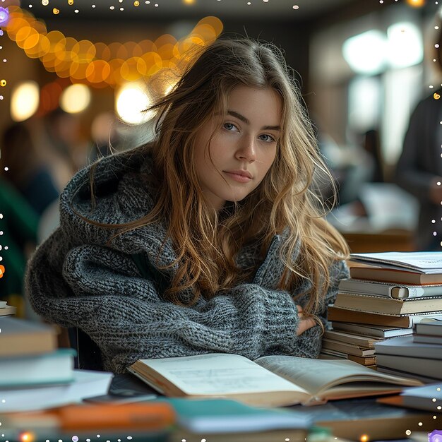 une fille s'appuie sur une pile de livres avec les mots le mot en bas