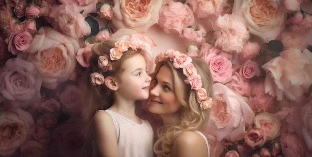 Une fille et sa mère posent devant un fond de fleurs roses.