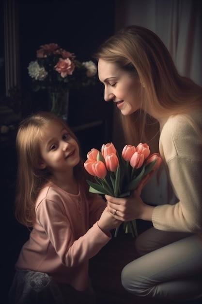 Une fille et sa mère tiennent un bouquet de tulipes.