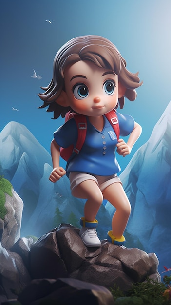 Une fille avec un sac à dos sur le dos se tient sur un rocher devant une montagne.