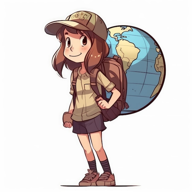 Fille avec un sac à dos et un fond blanc de style dessin animé de globe AI généré