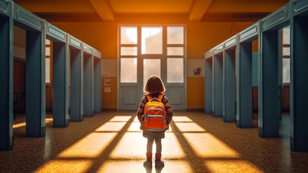 Une fille avec un sac à dos se tient dans un couloir avec un soleil qui brille sur son dos.