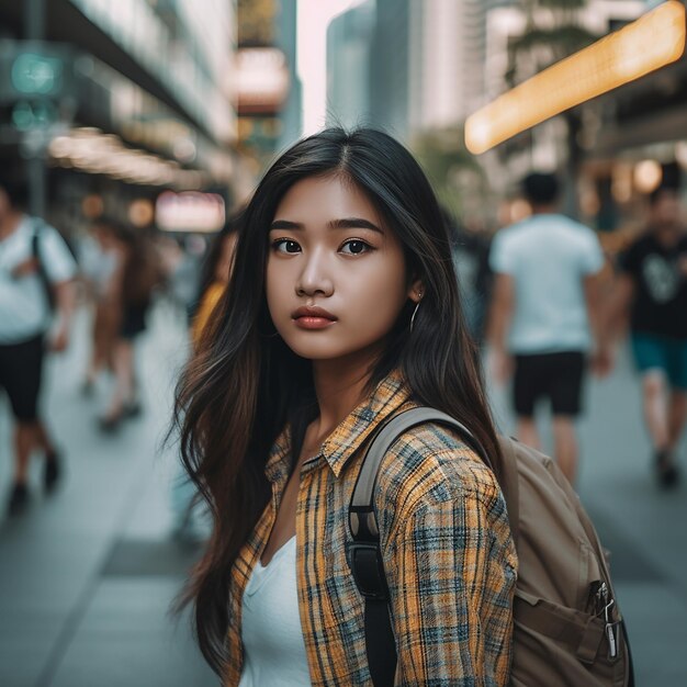 une fille avec un sac à dos se tient dans une rue animée.