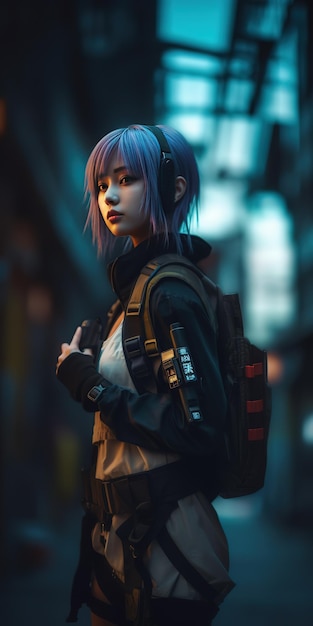 Une fille avec un sac à dos se tient dans une rue sombre.