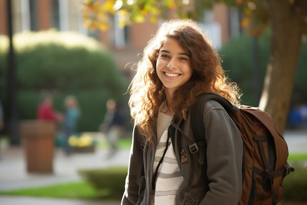 une fille avec un sac à dos sourit à la caméra.