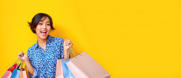 Fille avec des sacs shopping sur une bannière de fond jaune Generative AI