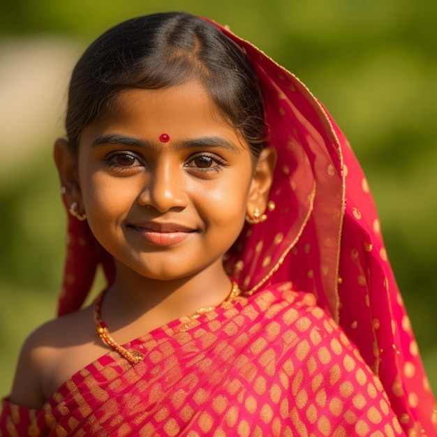 Une fille en sari rouge sourit à la caméra.