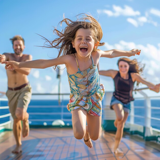 une fille sautant sur un bateau avec ses bras tendus