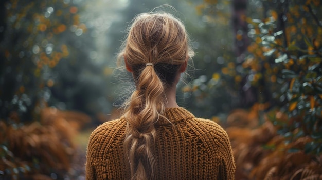 Une fille scandinave dans la nature dans un pull jaune dans la forêt de montagne