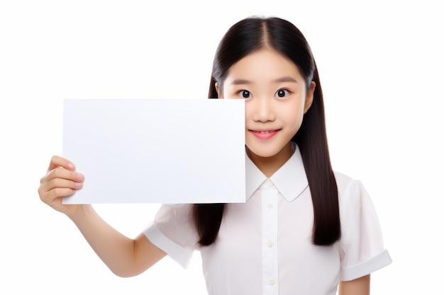 Une fille scholl asiatique heureuse tenant une bannière blanche isolée portrait de studio