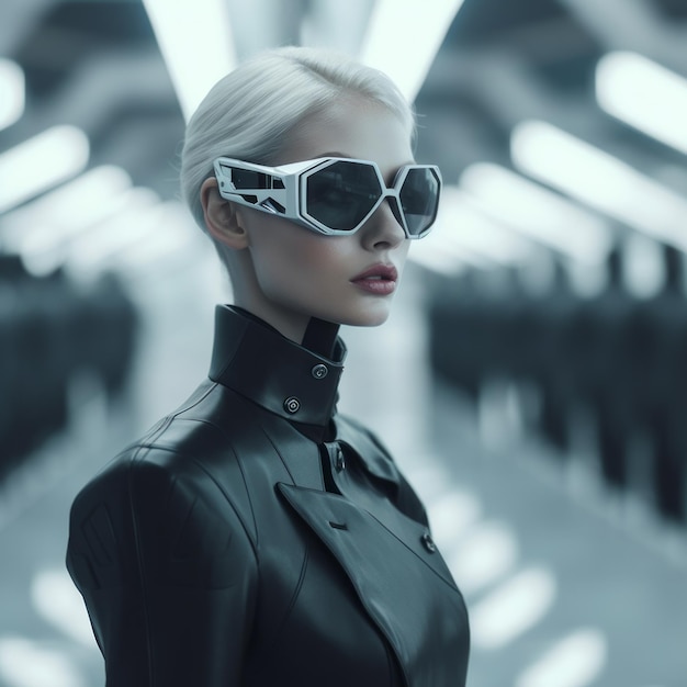 Une fille de science-fiction dans un costume noir à la mode portant des lunettes technologiques