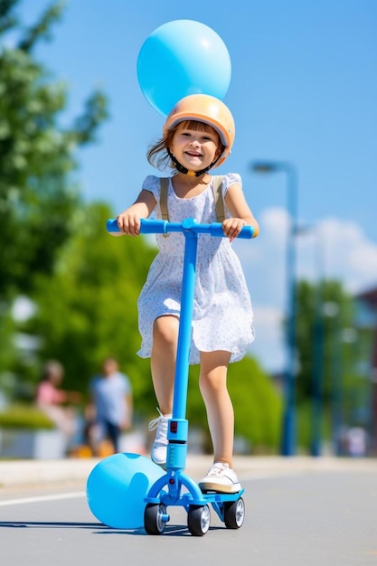 une fille sur un scooter bleu avec un chapeau dessus