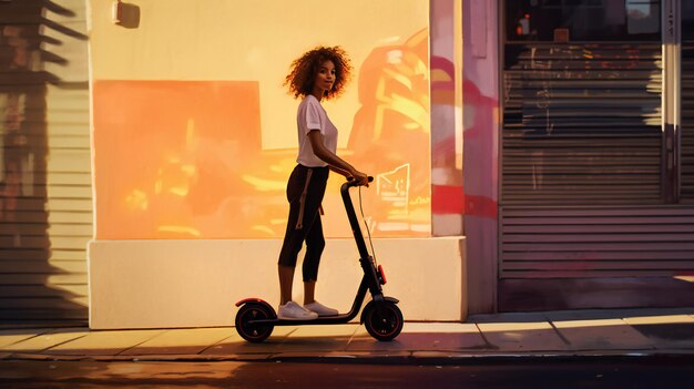 Une fille sur des scooters électriques en ville