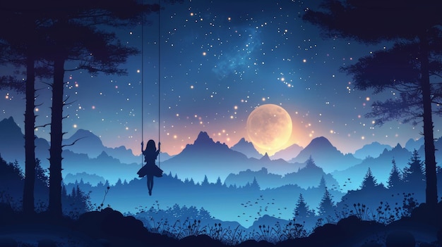 Une fille se balançant sur une balançoire se réjouit de la grande lune dans un paysage bleu vif de la nature et des vacances