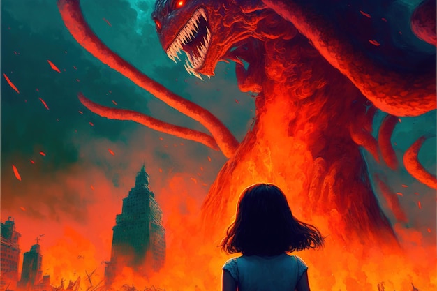 Fille se battant avec le monstre géant Scène Scifi d'une fille face au monstre géant avec des tentacules Peinture d'illustration de style art numérique