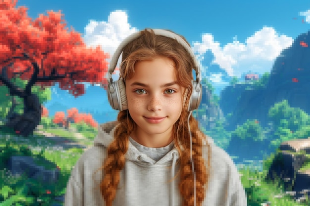 Photo la fille se dissout dans une réalité numérique de jeu pixelée