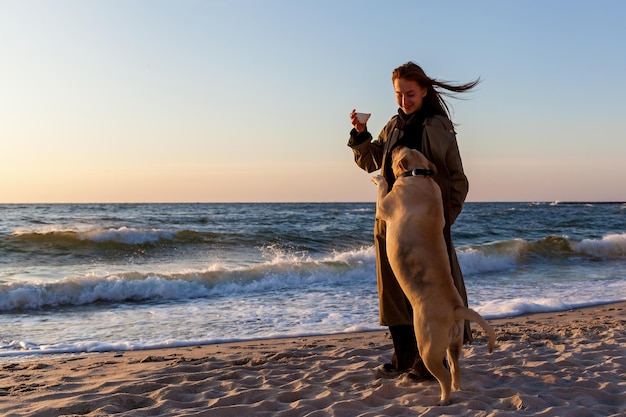 La fille se promène avec le chien le long de la plage