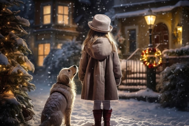 Une fille se promène avec un chien le long des rues couvertes de neige éclairées par des lanternes en hiver.