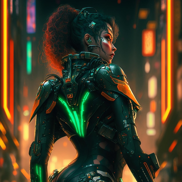 La fille se promène dans les rues de la ville cyberpunk nocturne. Conception de jeux vidéo. Rendu 3D.