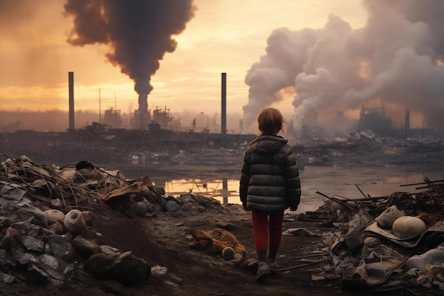 Une fille se tient au milieu de la rivière et regarde la fumée des cheminées d'une centrale électrique Pollution environnementale