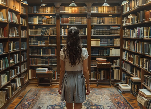 Une fille se tient dans la bibliothèque le dos tourné vers la caméra.