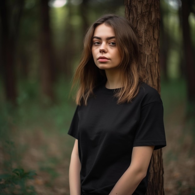 Une fille se tient dans les bois portant un t-shirt noir.