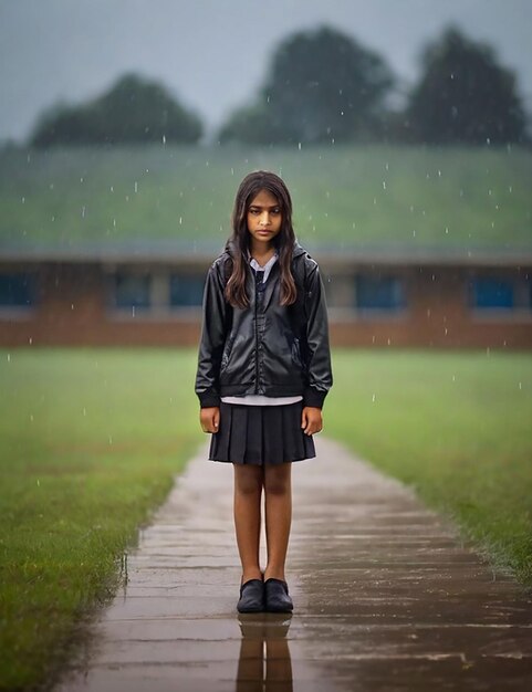 Une fille se tient dans un champ d'école maintenant qu'il pleut