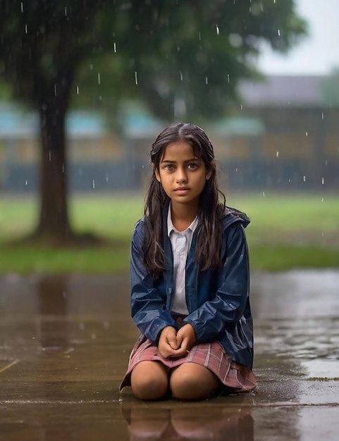 Une fille se tient dans un champ d'école maintenant qu'il pleut