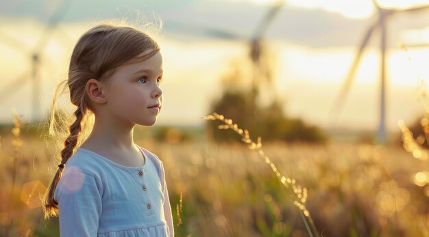 Une fille se tient dans un champ de fleurs à côté d'un parc éolien qui produit de l'énergie verte durable