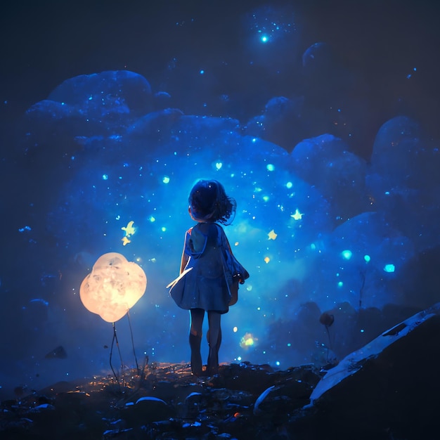 Une fille se tient dans un champ avec une lune et des étoiles dans le ciel.