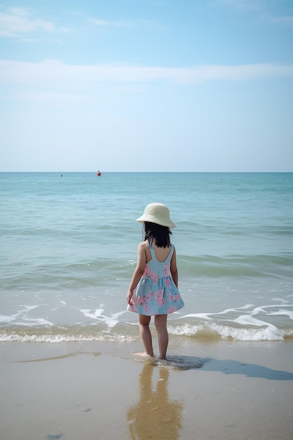 Une fille se tient dans l'eau à la plage face à la mer.