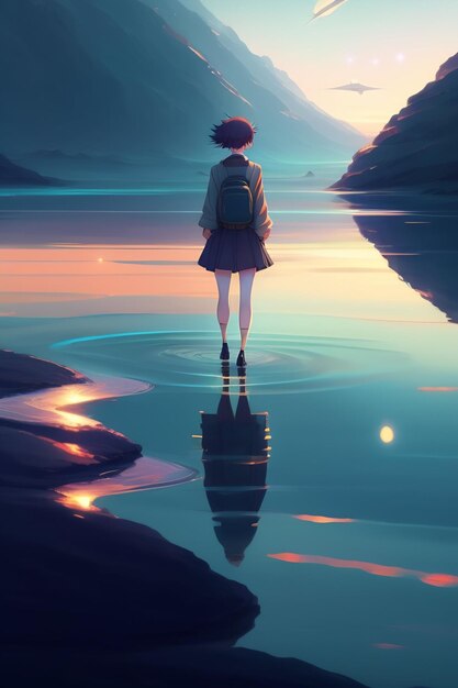 Une fille se tient dans l'eau en regardant le coucher du soleil.