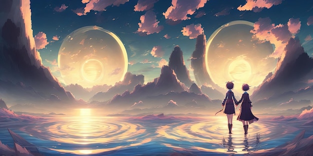 Une fille se tient dans l'eau en regardant deux planètes géantes.