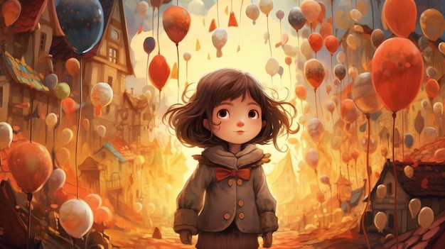 Une fille se tient dans une ville avec des ballons en arrière-plan.
