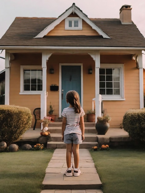 Une fille se tient devant la maison.