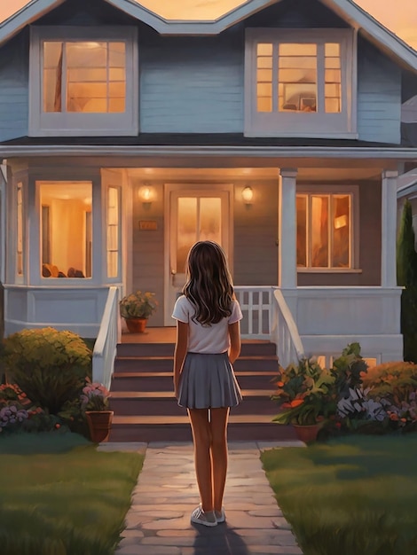 Une fille se tient devant la maison.