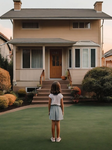 Une fille se tient devant la maison.