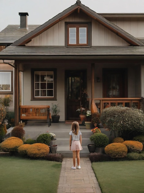 Une fille se tient devant la maison.