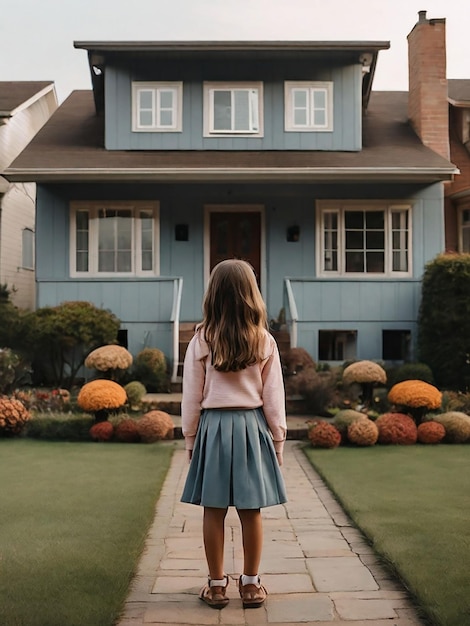 Une fille se tient devant la maison.