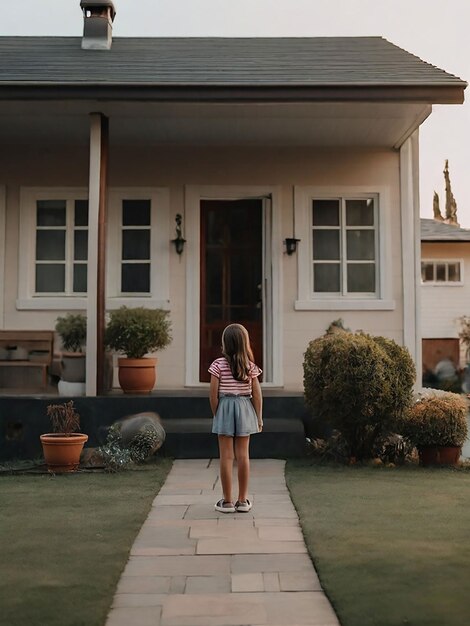 Une fille se tient devant la maison.