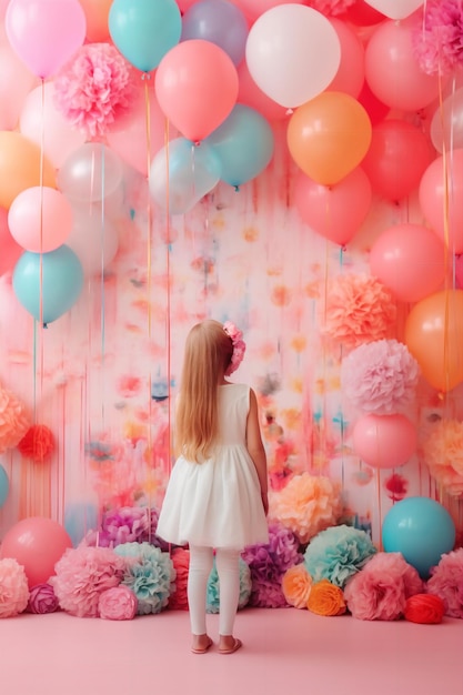 Une fille se tient devant un mur de ballons avec un ballon rose et bleu derrière elle.