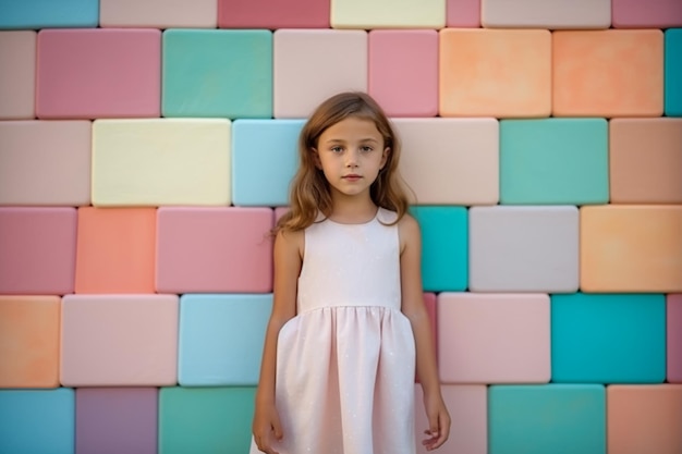 Une fille se tient devant un mur coloré avec un bloc de couleur rose et bleu.