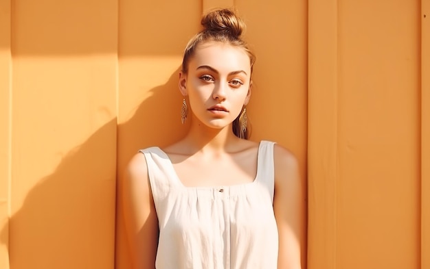 Une fille se tient devant un mur jaune