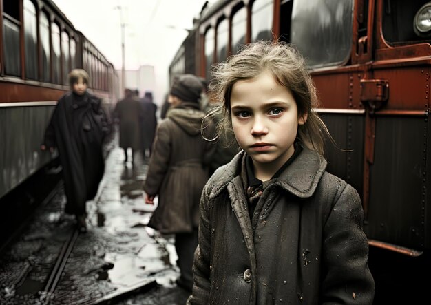 Photo une fille se tient devant un train qui a le mot dessus