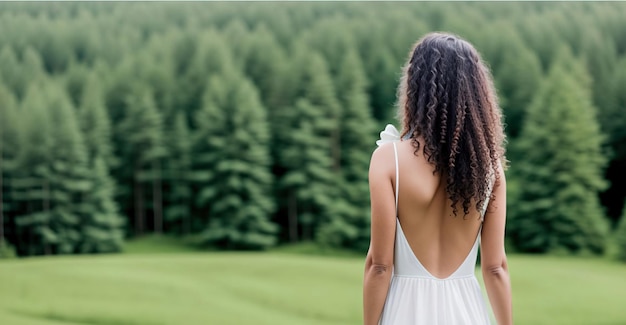 La fille se tient le dos contre le fond d'une forêt verte IA générative