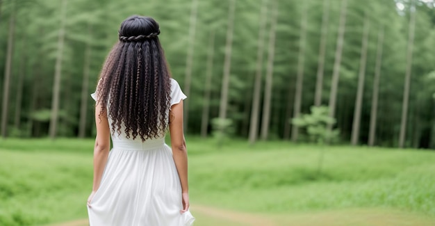 La fille se tient le dos contre le fond d'une forêt verte IA générative